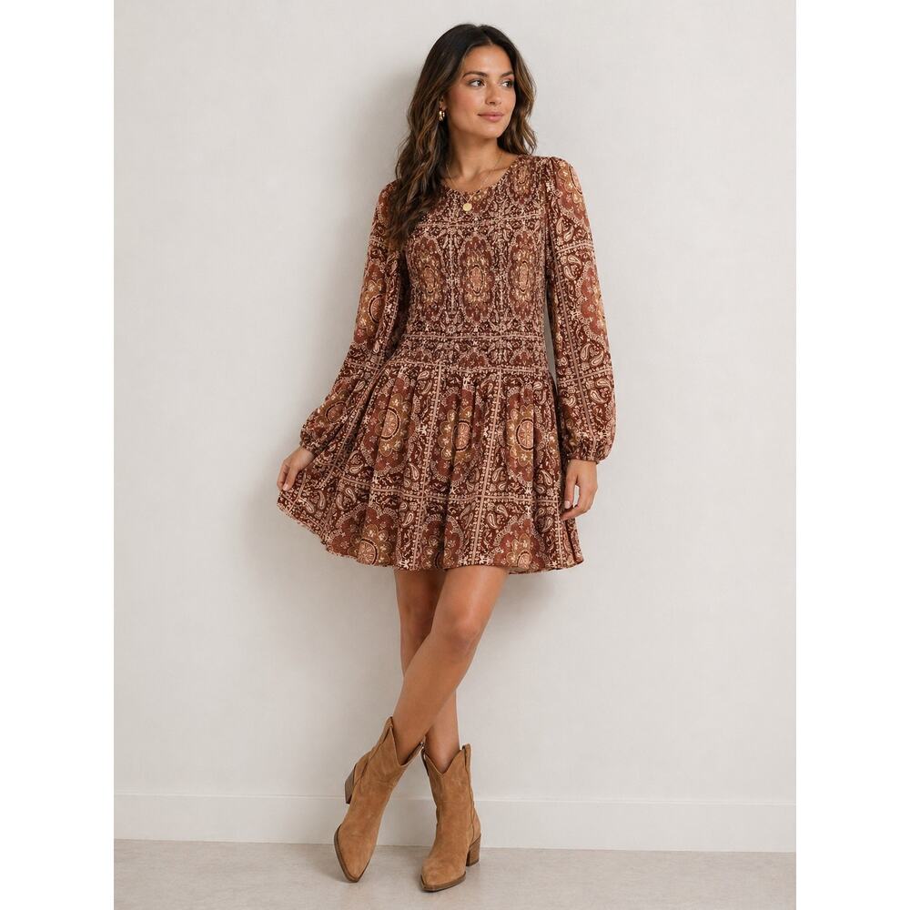 BOHME Boho Y2K Festival Paisley Peasant‎ Smocked Mini Dress M - Picture 2 of 11